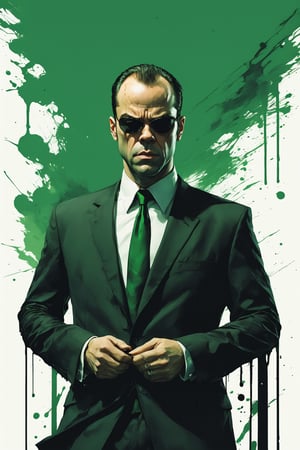 Highly detailed and hyper-realistic painting portrait of (Agent Smith:1.6) from The Matrix, (performed by an identical Hugo Weaving lookalike:1.7), shaved face, (holding a gun:1.1), (dark-green business suit with matching necktie, white dress shirt, sunglasses with rectangular lensest:1.2), standing in a dark city with green raining Matrix code. BREAK (aggressive and provocative expression:1.3), tough pose, (front view:1.4), looking at the viewer, (wearing dark sunglasses:1.4), BREAK vaporwave aesthetics, (upper body shot:1.2), greenish Matrix visual tone, (dark atmosphere and dull colors:1.2), eye level, subway station at night in the background, BREAK muted colours, (extremely realistic and accurate:1.4), league of legends, BREAK muted colours, octane render, intricate, ultra-realistic, elegant, highly detailed, digital painting, artstation, concept art, smooth, sharp focus, illustration, by ilya kuvshinov and krenz cushart, three-quarters view, sharp hard lines, brush strokes, watercolor, oil painting, ink panting, style by Agnes Cecile, Alberto Seveso, Anna Bocek, Carne Griffiths, Charlie Bowater, ink, more detail XL, ink, Comic Book-Style 2d,