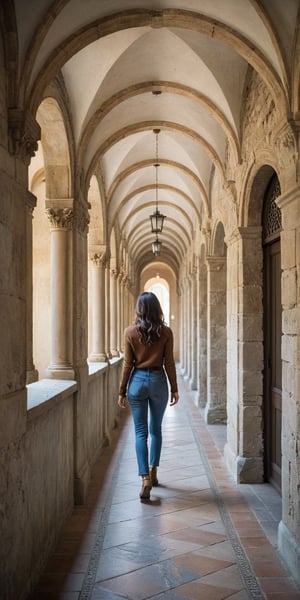 (Documentary photograph:1.3) of a wonderful (medieval cloister in Italy:1.4), 14th century, (golden ratio:1.3), (medieval architecture:1.3),(stone wall:1.1), (outdoors:1.5),(vaulted ceiling:1.3), (outdoors hallway:1.4), (colonnade:1.3),(pillars:1.2), dawn light, BREAK shot on Canon EOS 5D, (eye level:1.3), Fujicolor Pro film, vignette, highest quality, original shot. BREAK three-quarters view, well-lit, (perfect focus:1.2), award winning, detailed and intricate, masterpiece, itacstl,real_booster, beautiful woman walking on the hallway towards the viewer,
