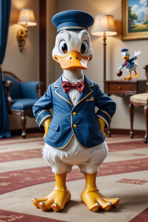 Generate a photorealistic full body portrait of Donald Duck in his classic clothes but as if he was real. (duck feet:1.5), looking at the viewer, extreme realism, award-winning photo, sharp focus, detailed, intricate,art_booster