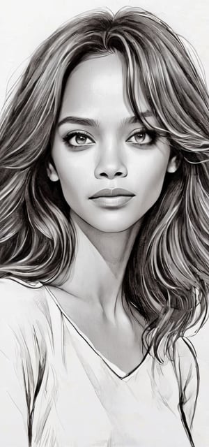 Manga-style, (upper body portrait:1.3), monochrome, B/W, ink drawing, captivating scene Featuring a (stunning 27 years old girl:1.3), (Zoe Saldana face:1.5), with medium-long brown hair, wavy hair, skinny, three-quarters view, looking at the viewer, simple background, low-cut shirt, cleavage, comic book style, (angry face:1.3),(well-lit:1.2), (muted colors:1.2), (low-contrast:1.3), Extremely Realistic, serendipity art, (sharp focus:1.3), intricate details, highly detailed, by God himself, original shot, masterpiece, detailed and intricate,PoP art,more detail XL,barefoot,foot focus,clean feet, ,Manga style illustration,Pencil Draw