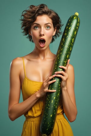 Gorgeous young woman with (big sagging breasts:1.5), green eyes, cropped hair, round forehead, natural full lips, button nose, (holding up one huge long zucchini lengthwise:1.6), (with both hands:1.5), (horizontal zucchini:1.5), remarking on its size with a shocked expression and mouth open in amazement. (looking worried at the zucchini:1.3), beautiful sexy female,  (natural censorship:1.5),  ultra-realistic,  ultra-detailed,  ultra-clear,masterpiece,more detail XL,Movie Poster