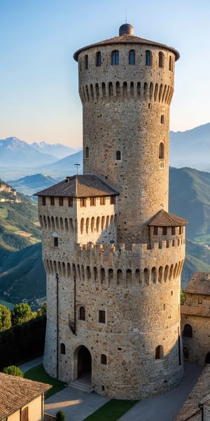(Documentary photograph:1.3) of a wonderful (medieval castle in Italy:1.4), 14th century, (golden ratio:1.3), (medieval architecture:1.3),(mullioned windows:1.3),(stone wall:1.1), (cylindrical tower:1.3), overlooking the valley, golden hour, BREAK shot on Canon EOS 5D, (from below:1.3), Fujicolor Pro film, vignette, highest quality, original shot. BREAK Front view, well-lit, (perfect focus:1.2), award winning, detailed and intricate, masterpiece, itacstl,real_booster,,Architectural100,amazing shot