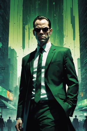 Highly detailed and hyper-realistic painting portrait of (Agent Smith:1.6) from The Matrix, (performed by an identical Hugo Weaving lookalike:1.7), shaved face, (holding a gun:1.1), (dark-green business suit with matching necktie, white dress shirt, sunglasses with rectangular lensest:1.2), standing in a dark city with green raining Matrix code. BREAK (aggressive and provocative expression:1.3), tough pose, (front view:1.4), looking at the viewer, (wearing dark sunglasses:1.4), BREAK vaporwave aesthetics, (upper body shot:1.2), greenish Matrix visual tone, (dark atmosphere and dull colors:1.2), eye level, subway station at night in the background, BREAK muted colours, (extremely realistic and accurate:1.4), league of legends, BREAK muted colours, octane render, intricate, ultra-realistic, elegant, highly detailed, digital painting, artstation, concept art, smooth, sharp focus, illustration, by ilya kuvshinov and krenz cushart, three-quarters view, sharp hard lines, brush strokes, watercolor, oil painting, ink panting, style by Agnes Cecile, Alberto Seveso, Anna Bocek, Carne Griffiths, Charlie Bowater, ink, more detail XL, ink , Comic Book-Style 2d,scary