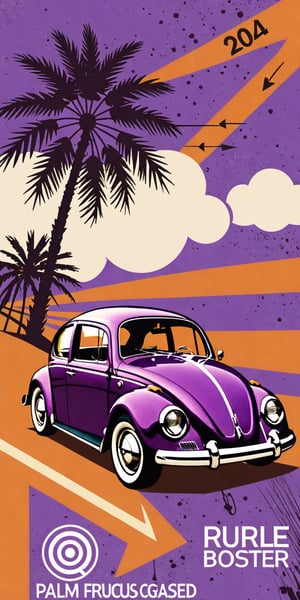 (An amazing and captivating abstract illustration:1.4), purple VW Beetle, veichle focus, motor vehicle, no humans, (grunge style:1.1), (frutiger style:1.3), (colorful:1.3), (rule of thirds:1.2), (2004 aesthetics:1.2). BREAK (beautiful vector shapes:1.3), clouds, circles, (arrow \(symbol\):1.1), palm trees, (no text:1.4), (orange gradient background:1.3). BREAK highest quality, sharp details, muted colors, detailed and intricate, original artwork, trendy, vintage, award-winning, artint, SFW,art_booster