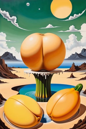 (An exquisite and sophisticated surrealist painting:1.3) of (a female round naked ass without a body:1.8), (mutilated body:1.8), (standalone flying female ass:1.8), (closeup:1.4), (floating in the air above the ground:1.8), on a desert of sand and stones, with (many green erect human penises emerging from the ground:1.9), blue mountains in the distance, sunset sky. BREAK muted colours, in the style of Salvador Dali, Max Ernst, Yves Tanguy and Rene Magritte. BREAK Front view, warm golden hour lighting, (high contrast:1.2), award winning details, vignette, highest quality, detailed and intricate, original artwork, intricate, aesthetic, ink , colorful, greg rutkowski, more detail XL,ANIME,abstract paintings,oil paint,aw0k nsfwfactory