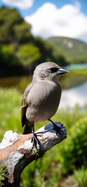 (Fisheye photograph:1.3) of a Grayish Baywing bird. BREAK It's a cute bird about 7 inches long, with (brownish-gray plumage:1.3), (the wings feathers have a reddish-brown tone:1.4). The region between the eyes and nostrils is black, it has black eyes, black legs, (short and stubby black beak:1.4). BREAK (full body shot:1.2), (perched on a bush small branch:1.3), (green steppe with a lagoon in the background:1.3), under direct sunlight, imposing cumulonimbus clouds in the blue sky, creative shadow play, bokeh, BREAK (shot on GoPro Hero:1.4), Fujicolor Pro film, (low-contrast:1.5), in the style of Miko Lagerstedt/Liam Wong/Nan Goldin/Lee Friedlander, BREAK (photorealistic:1.3), vignette, highest quality, detailed and intricate, original shot, gbaywing, more detail XL, no humans