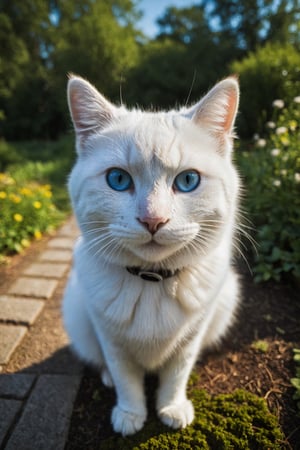 (Fisheye photograph:1.3) of a cute white cat looking straight at the camera. BREAK (full body shot:1.2), (blue eyes:1.4), beautiful garden, under direct sunlight,  creative shadow play,  bokeh,  BREAK (shot on GoPro Hero:1.4),  Fujicolor Pro film, (low-contrast:1.5),  in the style of Miko Lagerstedt/Liam Wong/Nan Goldin/Lee Friedlander,  BREAK (photorealistic:1.3),  vignette,  highest quality,  detailed and intricate,  original shot,  gbaywing, more detail XL, no humans