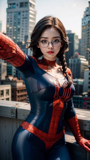 (masterpiece), best quality, high resolution, highly detailed, detailed background, perfect lighting,light blue eyes, medium breasts, The student council girl with glasses and twin braids on a rooftop in new york city,posing,ri.ggwp_1,dream_girl,beauty Asian,wet hair,Makeup,spider-man costume, on the rooftop in new york city at sunset, 35mm full frame, (((selfie)))