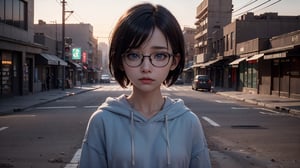 (masterpiece), best quality, high resolution, highly detailed, detailed background, perfect lighting,light blue eyes, medium breasts, cinematic, movie, The student council girl with glasses and short hair in a red hoodie crying (((on a desert empty city street))), (((minimal light, dark moody atmosphere, cinematic,urban landscape))),Makeup