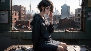 (masterpiece), best quality, high resolution, highly detailed, detailed background, perfect lighting,light blue eyes, medium breasts, cinematic, movie, The student council girl with glasses and short hair in a red hoodie crying (((sitting and crying inside an abandoned old school class table with broken windows looking outside at the distroyed abandoned soviet city))), minimal light, dark moody atmosphere, cinematic,urban, landscape, large view of the city in the background,