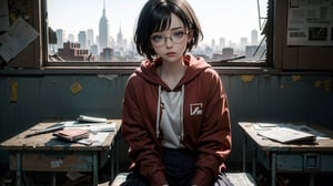 (masterpiece), best quality, high resolution, highly detailed, detailed background, perfect lighting,light blue eyes, medium breasts, cinematic, movie, The student council girl with glasses and short hair in a red hoodie (((sitting inside an abandoned old school class table with broken windows))), minimal light, moody atmosphere, cinematic,urban, landscape, large view of the city in the background