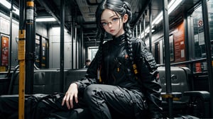 (masterpiece), best quality, high resolution, highly detailed, detailed background, perfect lighting,light blue eyes, medium breasts,cinematic, movie, The student council girl with glasses and twin braids sitting inside a new york city subway posing,Makeup,spider-man costume,urban techwear