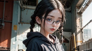 (masterpiece), best quality, high resolution, highly detailed, detailed background, perfect lighting,light blue eyes, medium breasts,cinematic, movie, The student council girl with glasses and twin braids inside (((abandoned big old factory))) with red hoodie on,Makeup,spider-man costume,urban techwear, landscape, wide angle photo