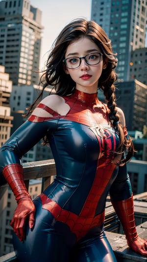 (masterpiece), best quality, high resolution, highly detailed, detailed background, perfect lighting,light blue eyes, medium breasts, The student council girl with glasses and twin braids on a rooftop in new york city,posing,ri.ggwp_1,dream_girl,beauty Asian,wet hair,Makeup,spider-man costume, on the rooftop in new york city at sunset, 35mm full frame, (((selfie)))