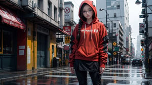 (masterpiece), best quality, high resolution, highly detailed, detailed background, perfect lighting,light blue eyes, medium breasts,cinematic, movie, The student council girl with glasses and twin braids on a rainy busy city street with red hoodie on ,Makeup,spider-man costume,urban techwear, landscape, wide angle photo, reflections