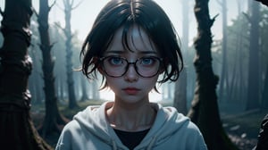 (masterpiece), best quality, high resolution, highly detailed, detailed background, perfect lighting,light blue eyes, medium breasts, cinematic, movie, The student council girl with glasses and short hair wearing a red hoodie crying (((in a dark forest))), (((minimal light, dark moody atmosphere, cinematic,urban landscape))),Makeup