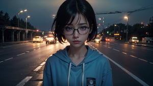 (masterpiece), best quality, high resolution, highly detailed, detailed background, perfect lighting,light blue eyes, medium breasts, cinematic, movie, The student council girl with glasses and short hair in a red hoodie crying (((on a highway at night with city in the background))), (((minimal light, dark moody atmosphere, cinematic,urban landscape))),Makeup