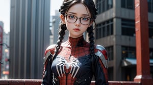 (masterpiece), best quality, high resolution, highly detailed, detailed background, perfect lighting,light blue eyes, medium breasts,cinematic, movie, The student council girl with glasses and twin braids, plain background, no background,Makeup,spider-man costume,urban techwear