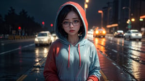 (masterpiece), best quality, high resolution, highly detailed, detailed background, perfect lighting,light blue eyes, medium breasts, cinematic, movie, The student council girl with glasses and short hair in a (((red hoodie))) crying (((on a highway in los angeles at night in the rain))), (((minimal light, dark moody atmosphere, cinematic,urban landscape))),Makeup