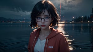 (masterpiece), best quality, high resolution, highly detailed, detailed background, perfect lighting,light blue eyes, medium breasts, cinematic, movie, The student council girl with glasses and short hair in a red hoodie crying (((on a lake with things floating in the air around her))), (((minimal light, dark moody atmosphere, cinematic,urban landscape))),Makeup