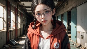 (masterpiece), best quality, high resolution, highly detailed, detailed background, perfect lighting,light blue eyes, medium breasts,cinematic, movie, The student council girl with glasses and twin braids inside (((abandoned big old factory))) with red hoodie on,Makeup,spider-man costume,urban techwear, landscape, wide angle photo