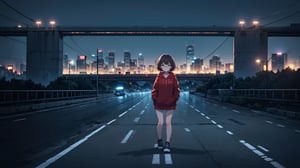 (masterpiece), best quality, high resolution, highly detailed, detailed background, perfect lighting, light blue eyes, medium breasts, cinematic, movie, The student council girl with glasses and brunette short hair in a red hoodie (((on a highway at night with city in the background))), (((minimal light, dark moody atmosphere, cinematic, urban landscape))),holographic interface