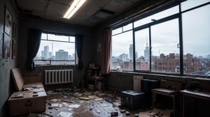 (masterpiece), best quality, high resolution, highly detailed, detailed background, perfect lighting,cinematic, movie, minimal light, dark atmosphere, cinematic,urban, abandoned old school class with broken windows