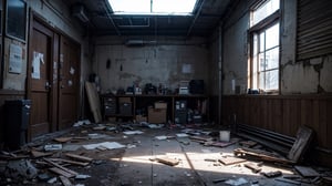 (masterpiece), best quality, high resolution, highly detailed, detailed background, perfect lighting,cinematic, movie, minimal light, dark atmosphere, cinematic,urban, frozen abandoned old school class with broken windows 