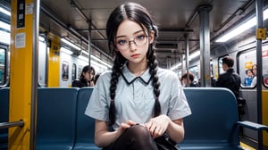 (masterpiece), best quality, high resolution, highly detailed, detailed background, perfect lighting,light blue eyes, medium breasts,cinematic, movie, The student council girl with glasses and twin braids sitting inside a new york city subway posing,Makeup,urban techwear