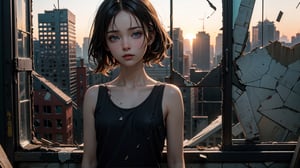 (masterpiece), best quality, high resolution, highly detailed, detailed background, perfect lighting,light blue eyes, medium breasts, cinematic, movie, grey tank top, (((inside an abandoned big old school with broken windows))), minimal light, moody atmosphere, cinematic,urban, landscape, sunset, golden hour