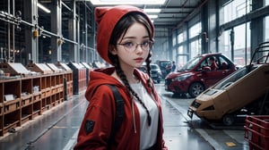 (masterpiece), best quality, high resolution, highly detailed, detailed background, perfect lighting,light blue eyes, medium breasts,cinematic, movie, The student council girl with glasses and twin braids looking at the viewer, inside (((big old factory))) with red hoodie on,Makeup,spider-man costume,urban techwear, landscape, ultra wide angle photo