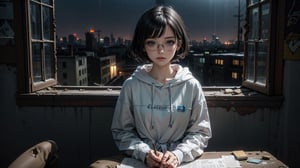 (masterpiece), best quality, high resolution, highly detailed, detailed background, perfect lighting,light blue eyes, medium breasts, cinematic, movie, The student council girl with glasses and short hair in a red hoodie (((sitting inside an abandoned old school class table with broken windows looking outside at the distroyed abandoned city at night))), minimal light, dark moody atmosphere, cinematic,urban, landscape, large view of the city in the background,