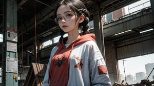 (masterpiece), best quality, high resolution, highly detailed, detailed background, perfect lighting,light blue eyes, medium breasts,cinematic, movie, The student council girl with glasses and twin braids inside (((abandoned big old factory))) with red hoodie on,Makeup,spider-man costume,urban techwear, landscape, wide angle photo