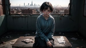 (masterpiece), best quality, high resolution, highly detailed, detailed background, perfect lighting,light blue eyes, medium breasts, cinematic, movie, The student council girl with glasses and short hair in a red hoodie crying (((sitting and crying inside an abandoned old school class table with broken windows looking outside at the distroyed abandoned soviet city))), (((minimal light, dark moody atmosphere, cinematic,urban, landscape, large view of the city in the background)))