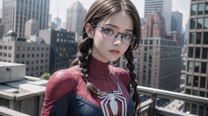 (masterpiece), best quality, high resolution, highly detailed, detailed background, perfect lighting, The student council girl with twin braids and glasses, photo of perfect eyes ,spider-man costume, on a rooftop in new york city, 