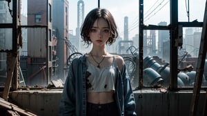 (masterpiece), best quality, high resolution, highly detailed, detailed background, perfect lighting,light blue eyes, medium breasts,cinematic, movie, (((inside an abandoned big old factory with broken windows))), minimal light, moody atmosphere, cinematic,urban, landscape