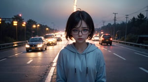 (masterpiece), best quality, high resolution, highly detailed, detailed background, perfect lighting,light blue eyes, medium breasts, cinematic, movie, The student council girl with glasses and short hair in a red hoodie crying (((on a highway at night))), (((minimal light, dark moody atmosphere, cinematic,urban landscape))),Makeup