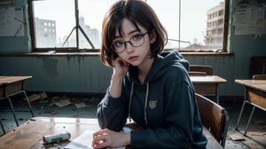 (masterpiece), best quality, high resolution, highly detailed, detailed background, perfect lighting, light blue eyes, medium breasts, cinematic, movie, The student council girl with glasses and short hair in a red hoodie (((inside an abandoned old school class table with broken windows ))), minimal light, dark moody atmosphere, cinematic, urban, landscape