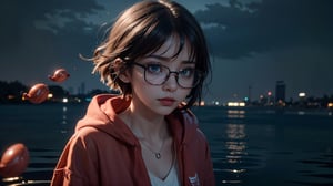 (masterpiece), best quality, high resolution, highly detailed, detailed background, perfect lighting,light blue eyes, medium breasts, cinematic, movie, The student council girl with glasses and short hair in a red hoodie (((on a lake with things floating in the air around her))), (((minimal light, dark moody atmosphere, cinematic,urban landscape))),Makeup