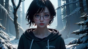 (masterpiece), best quality, high resolution, highly detailed, detailed background, perfect lighting,light blue eyes, medium breasts, cinematic, movie, The student council girl with glasses and short hair wearing a red hoodie crying (((in a dark frozen forest))), (((minimal light, dark moody atmosphere, cinematic,urban landscape))),Makeup