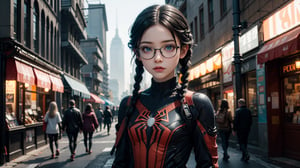 (masterpiece), best quality, high resolution, highly detailed, detailed background, perfect lighting,light blue eyes, medium breasts,cinematic, movie, The student council girl with glasses and twin braids on a soviet city street ,Makeup,spider-man costume,urban techwear