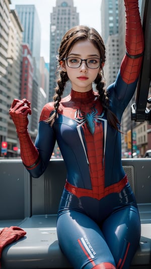 (masterpiece), best quality, high resolution, highly detailed, detailed background, perfect lighting,light blue eyes, medium breasts, The student council girl with glasses and twin braids sitting inside a new york city subway, posing,Makeup,spider-man costume,
