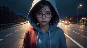 (masterpiece), best quality, high resolution, highly detailed, detailed background, perfect lighting,light blue eyes, medium breasts, cinematic, movie, The student council girl with glasses and short hair in a (red hoodie) crying (((on a highway in los angeles at night))), (((minimal light, dark moody atmosphere, cinematic,urban landscape))),Makeup