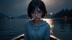 (masterpiece), best quality, high resolution, highly detailed, detailed background, perfect lighting,light blue eyes, medium breasts, cinematic, movie, The student council girl with glasses and short hair in a red hoodie crying (((on a lake))), (((minimal light, dark moody atmosphere, cinematic,urban landscape))),Makeup