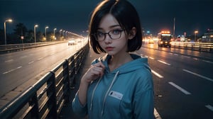 (masterpiece), best quality, high resolution, highly detailed, detailed background, perfect lighting,light blue eyes, medium breasts, cinematic, movie, The student council girl with glasses and short hair in a red hoodie (((on a highway at night with city in the background))), (((minimal light, dark moody atmosphere, cinematic,urban landscape))),Makeup,Enhance