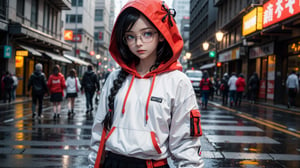 (masterpiece), best quality, high resolution, highly detailed, detailed background, perfect lighting,light blue eyes, medium breasts,cinematic, movie, The student council girl with glasses and twin braids on a rainy busy city street with red hoodie on ,Makeup,spider-man costume,urban techwear, landscape, wide angle photo, reflections