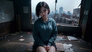 (masterpiece), best quality, high resolution, highly detailed, detailed background, perfect lighting,light blue eyes, medium breasts, cinematic, movie, The student council girl with glasses and short hair in a red hoodie crying (((sitting and crying inside an abandoned old school class table with broken windows))), (((minimal light, dark moody atmosphere, cinematic,urban landscape))),Makeup