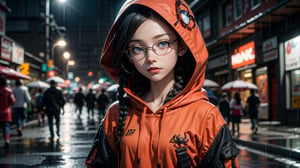 (masterpiece), best quality, high resolution, highly detailed, detailed background, perfect lighting,light blue eyes, medium breasts,cinematic, movie, The student council girl with glasses and twin braids on a rainy busy city street with red hoodie on , portrait,Makeup,spider-man costume,urban techwear, landscape, wide angle photo, reflections, nomask