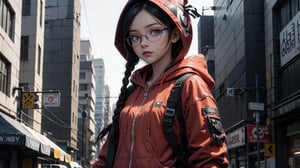 (masterpiece), best quality, high resolution, highly detailed, detailed background, perfect lighting,light blue eyes, medium breasts,cinematic, movie, The student council girl with glasses and twin braids on a busy city street with red hoodie on , portrait,Makeup,spider-man costume,urban techwear, landscape, wide angle photo, reflections, nomask