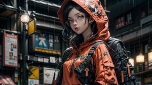 (masterpiece), best quality, high resolution, highly detailed, detailed background, perfect lighting,light blue eyes, medium breasts,cinematic, movie, The student council girl with glasses and twin braids on a rainy busy city street with red hoodie on , portrait,Makeup,spider-man costume,urban techwear, landscape, wide angle photo, reflections, nomask